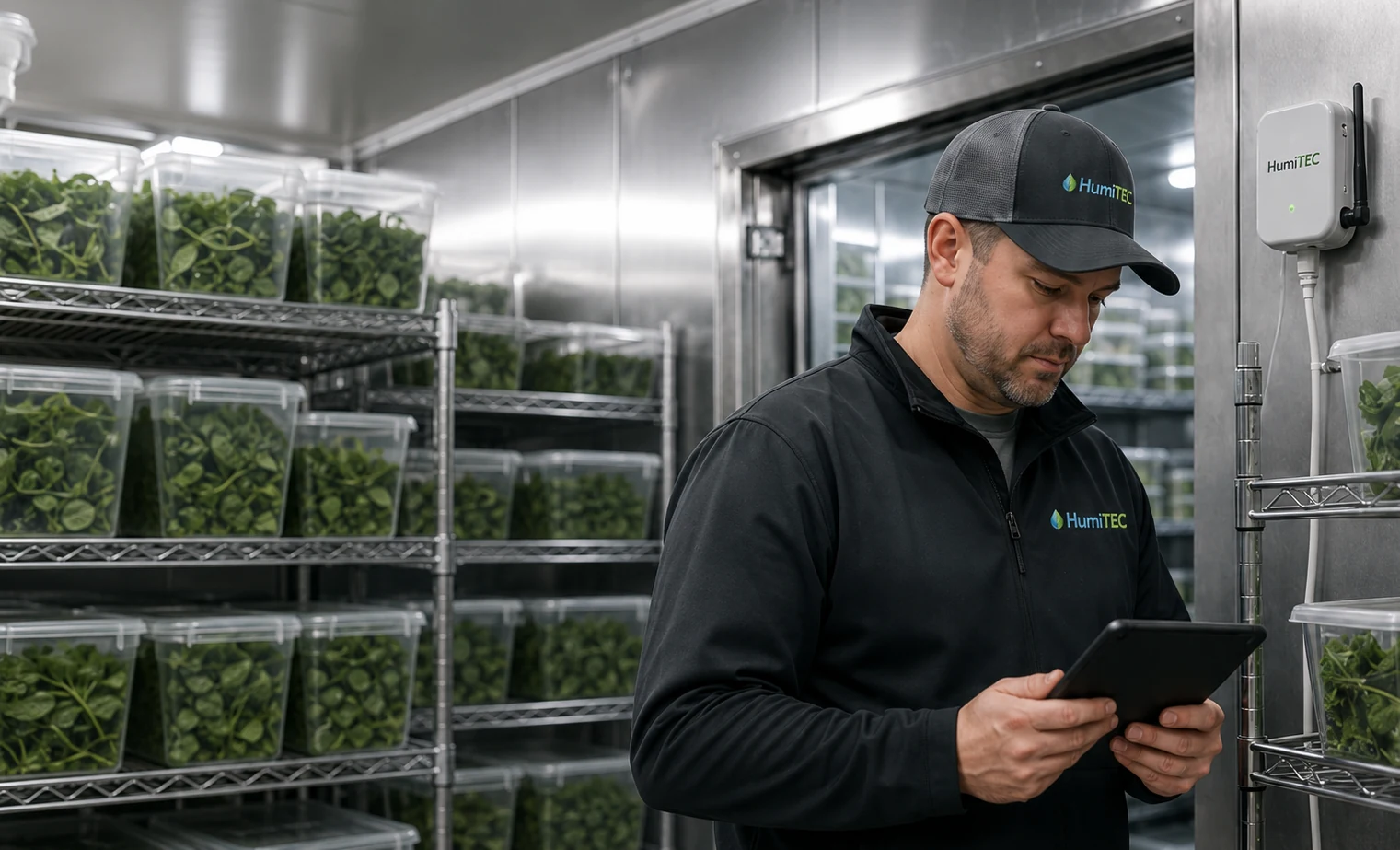 HumiTEC technician reviewing humidity monitoring beside a walk-in cooler
