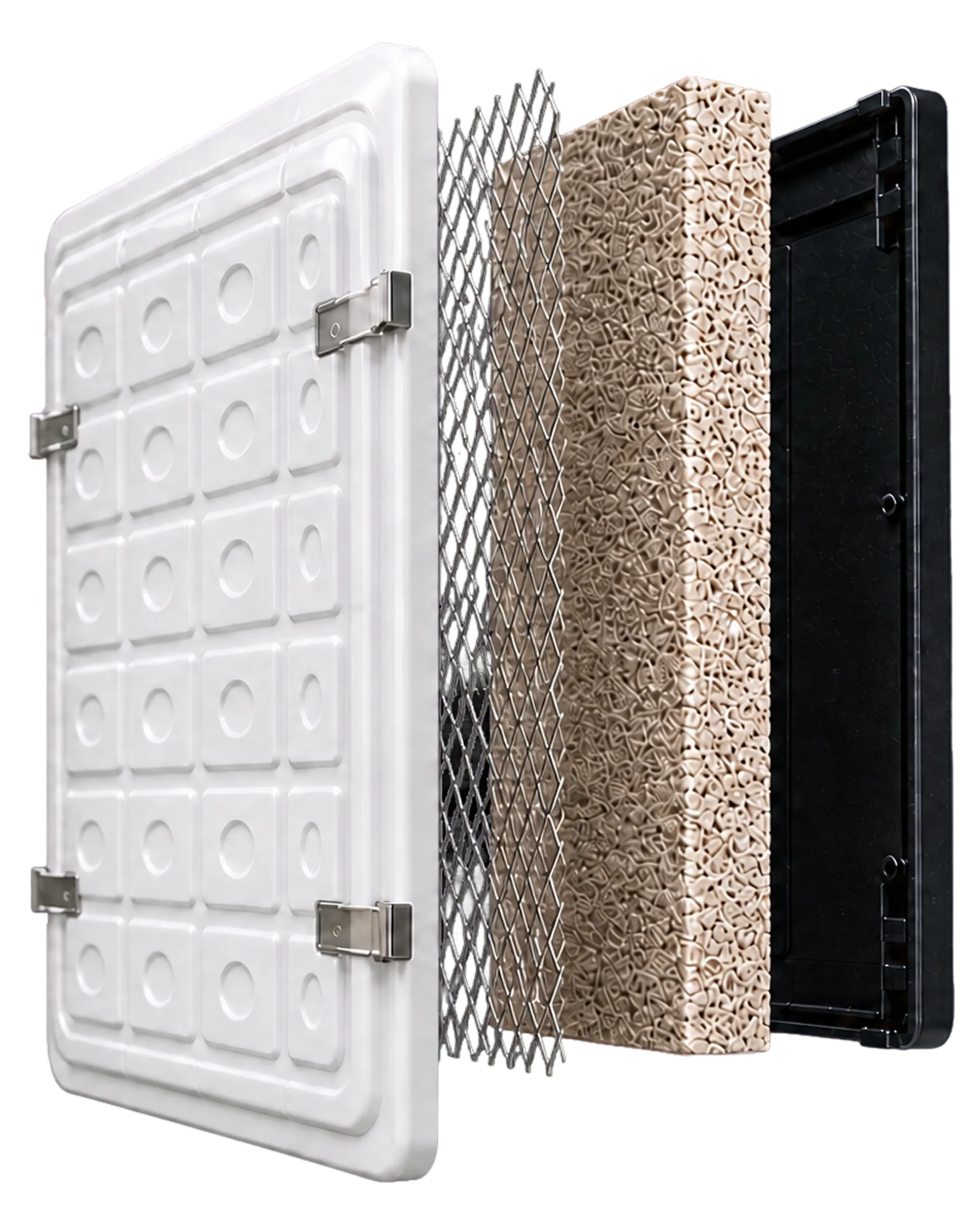 Exploded passive panel with mineral core and mesh layers